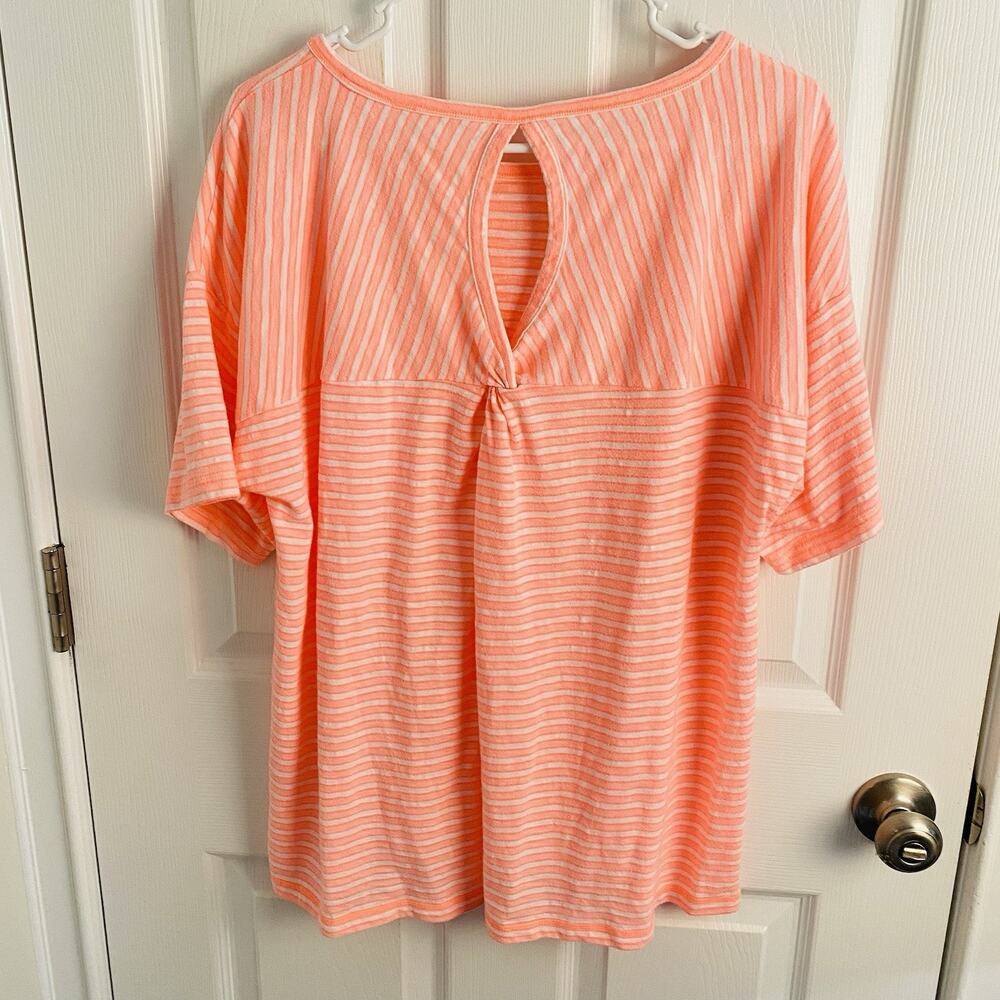 T by Talbots Top Womens XL Coral White Striped 3/4 Sleeve Pullover Beachy Basic